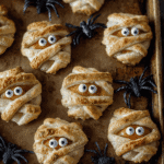 Tray of Halloween puff pastry cheese mummies with candy eyes, surrounded by black spider props and a small pumpkin.