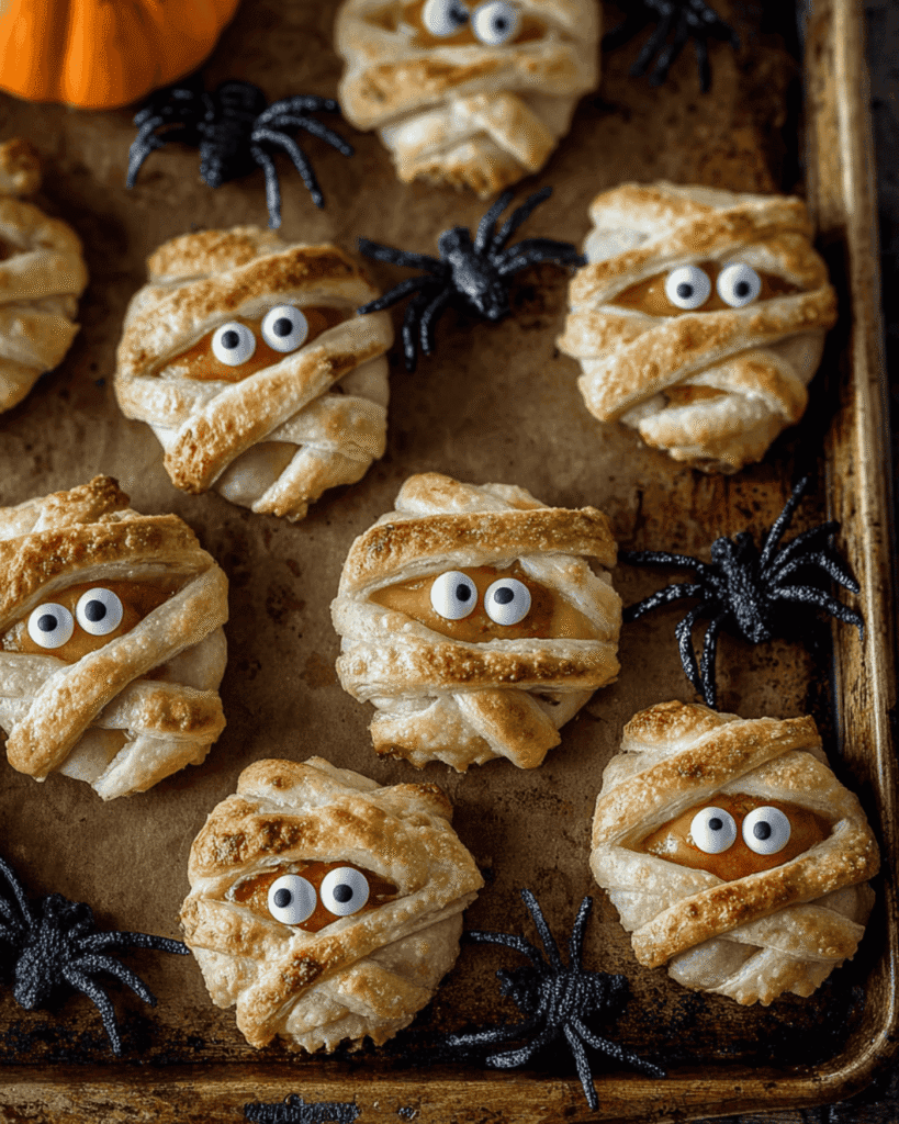 Tray of Halloween puff pastry cheese mummies with candy eyes, surrounded by black spider props and a small pumpkin.