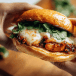 Hands holding a gochujang chicken burger with melted cheese, kimchi beef jam, and cilantro in a glossy toasted brioche bun.