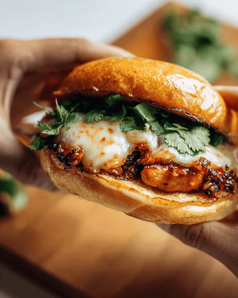 Hands holding a gochujang chicken burger with melted cheese, kimchi beef jam, and cilantro in a glossy toasted brioche bun.