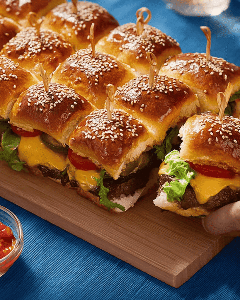 Freshly baked Hawaiian roll pull-apart sliders with sesame seed tops, beef patties, melted cheddar cheese, lettuce, tomato, and pickle slices, served on a wooden board