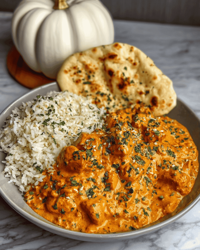 Creamy homemade butter chicken with basmati rice and garlic naan served in a bowl with a white pumpkin background