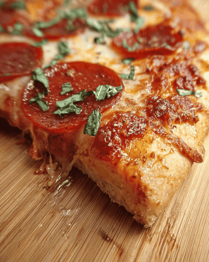 Close-up of a fresh homemade pizza slice topped with beef pepperoni, melted cheese, and fresh basil on a wooden board.