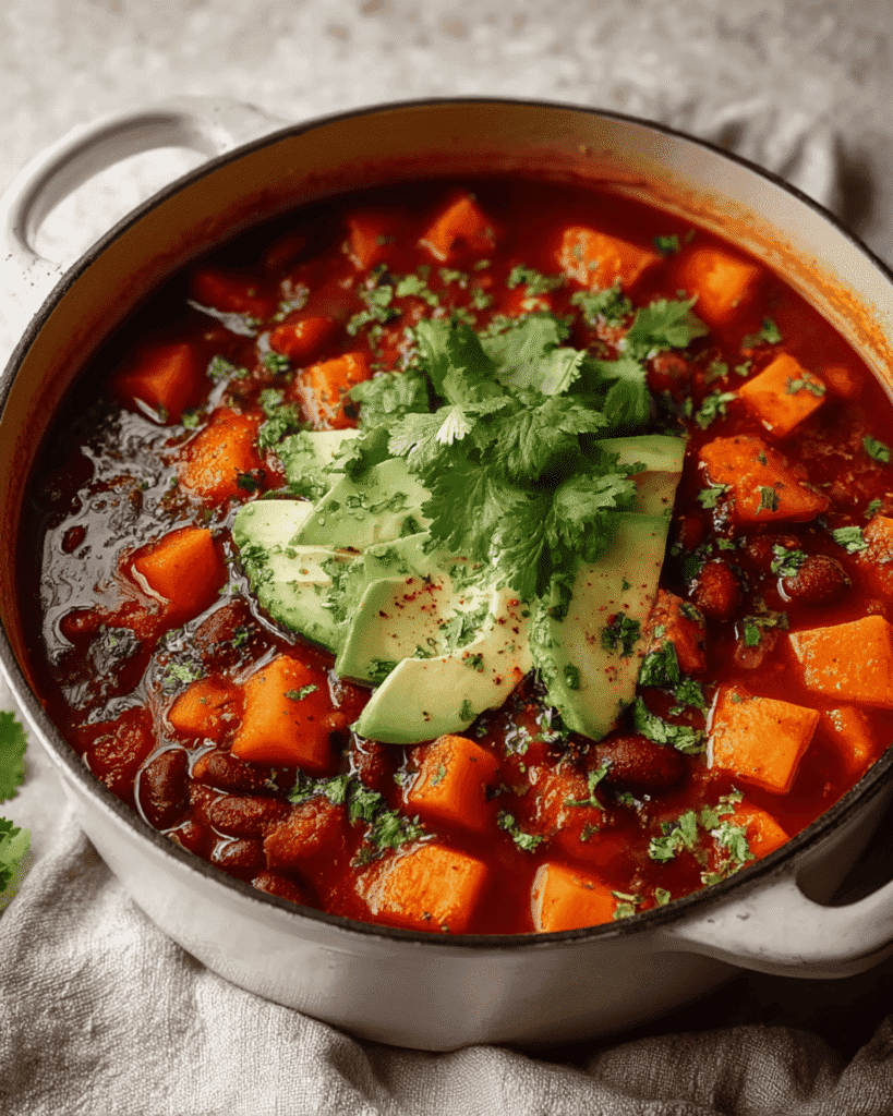 Pumpkin chili in a white Dutch oven topped with fresh avocado slices and cilantro