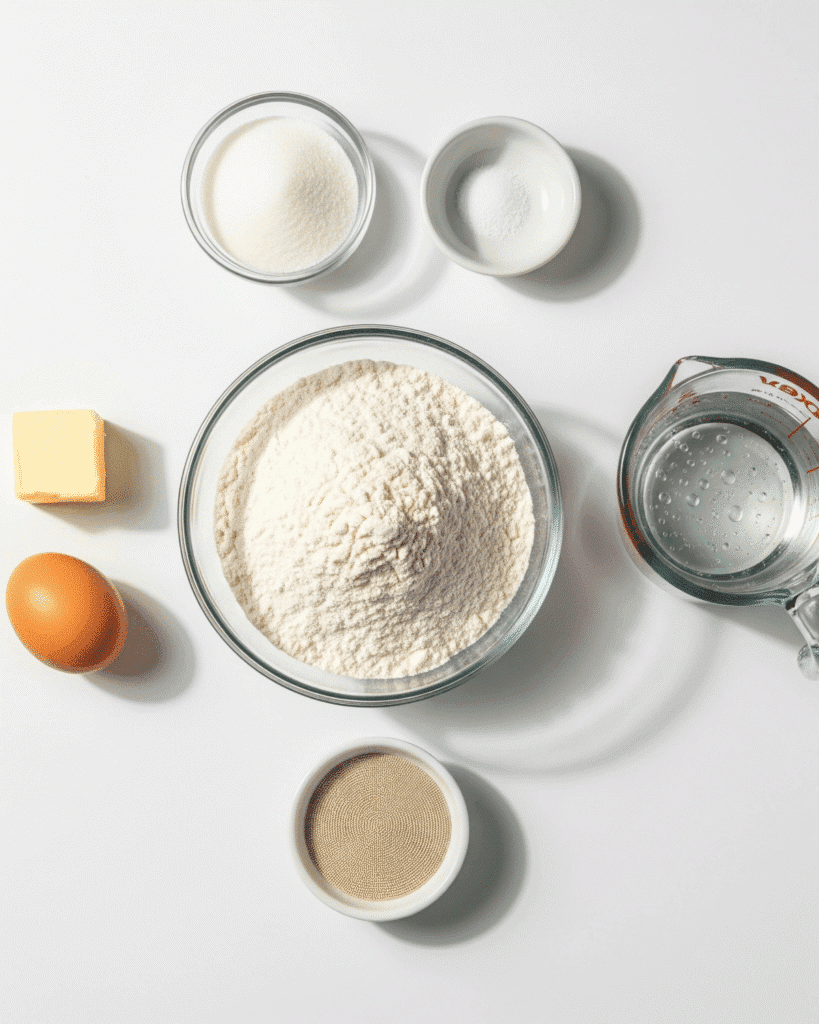 Flat lay of hamburger bun ingredients including flour, egg, butter, sugar, yeast, salt, and water on a white background