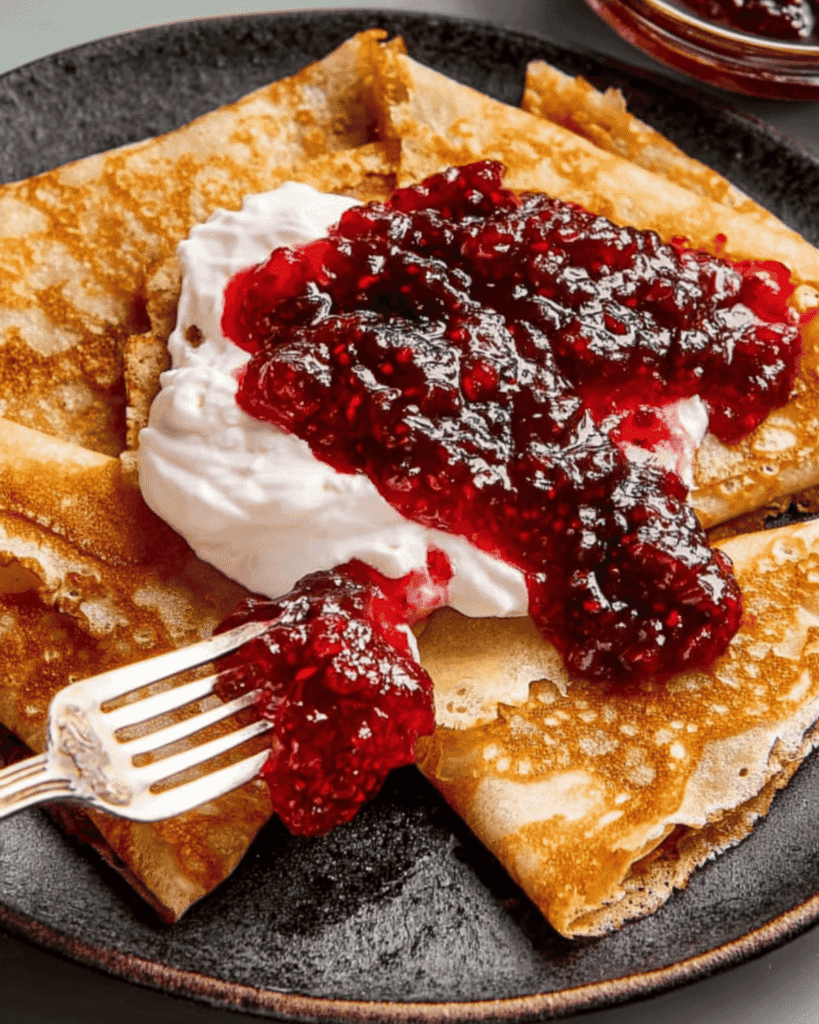 Fork cutting into Swedish pancakes with whipped cream and lingonberry jam on a black plate.