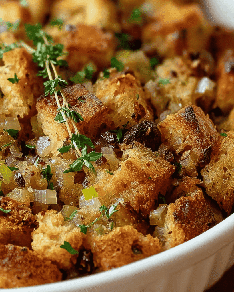 Close-up of homemade Thanksgiving stuffing with golden bread cubes, celery, onion, and fresh herbs in a white baking dish.