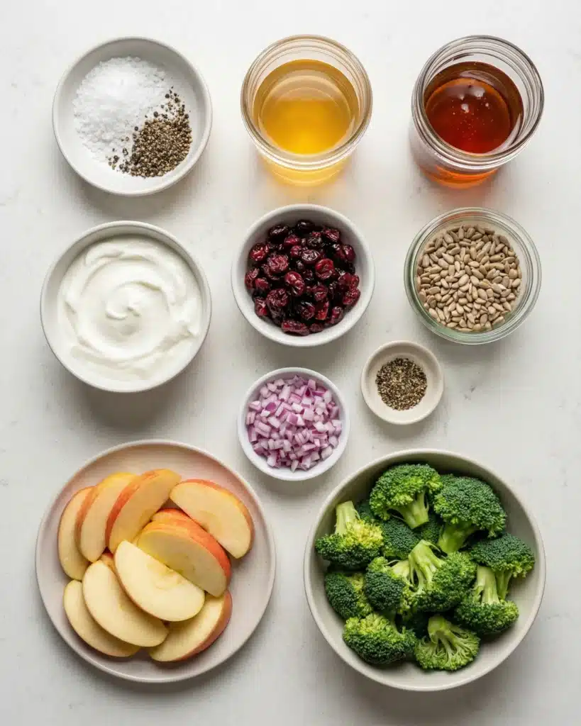 Fresh ingredients for Honeycrisp Apple Broccoli Salad including apples, broccoli, Greek yogurt, cranberries, sunflower seeds, red onion, honey, and apple cider vinegar arranged on a white surface.