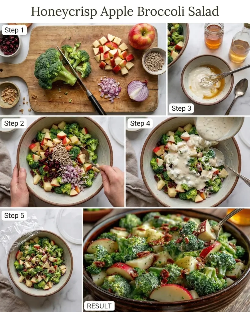 Step by step preparation of Honeycrisp Apple Broccoli Salad with chopped broccoli, apples, cranberries and creamy dressing
