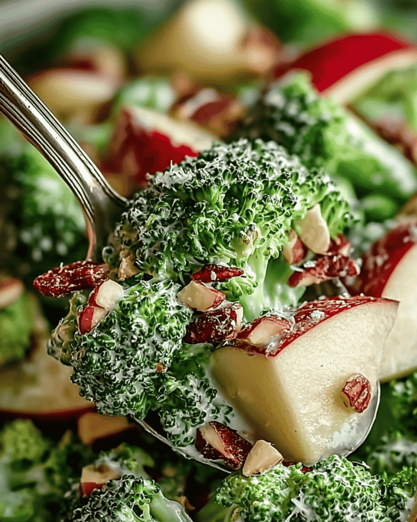 Close-up spoonful of Honeycrisp Apple Broccoli Salad with creamy dressing, pecans, and fresh apple chunks