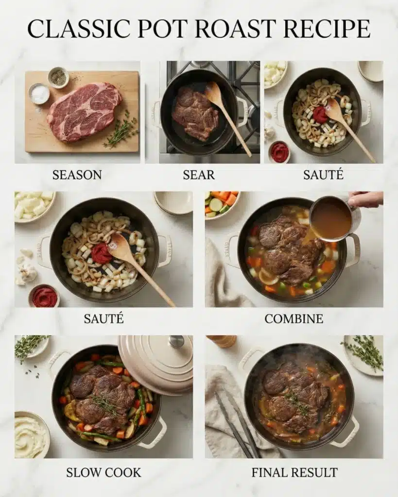 Step-by-step cooking process of a pot roast from seasoning to final plating in a Dutch oven.