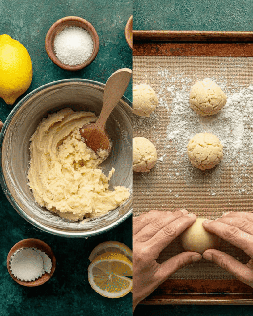 Step-by-step process of making soft chewy lemon cookies, showing dough in mixing bowl and hands rolling cookie dough balls.