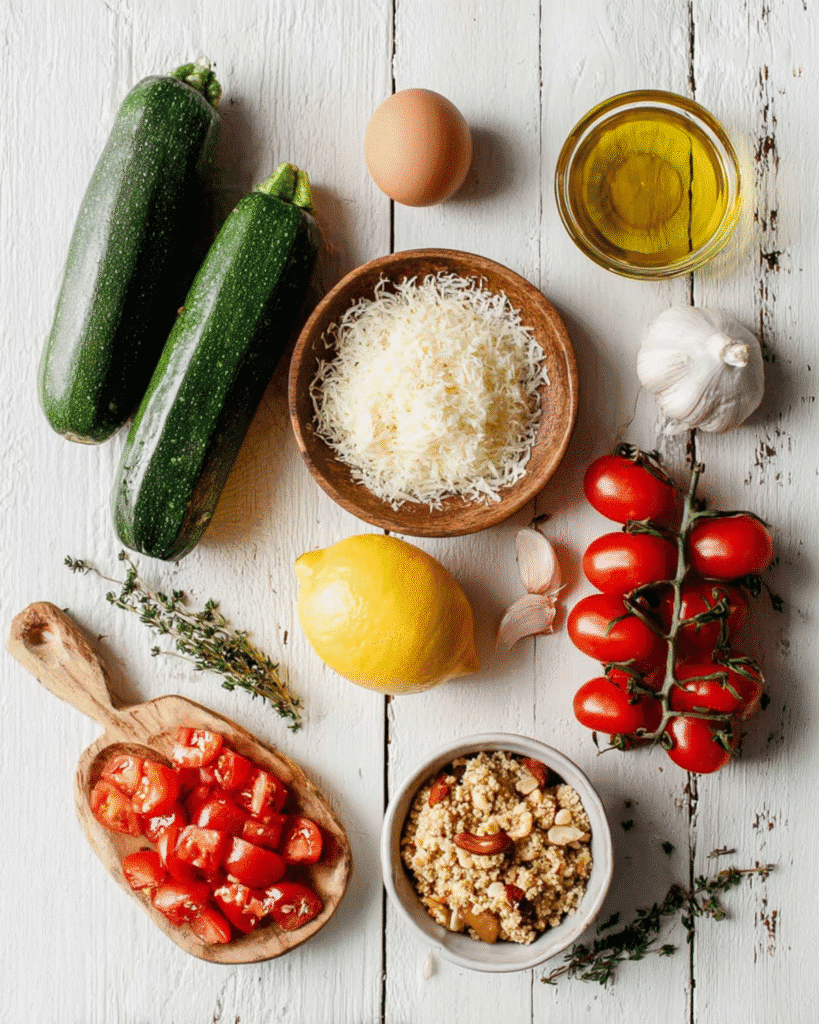 Ingredients for Vegetarian Stuffed Zucchini Boats – Easy and Fresh Summer Recipe Fresh ingredients for stuffed zucchini boats including zucchini, cherry tomatoes, breadcrumbs, parmesan, lemon, garlic, egg, pine nuts, and herbs