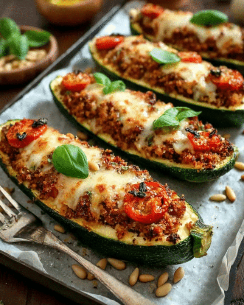 Cheesy Baked Stuffed Zucchini Boats – Healthy Vegetarian Dinner Recipe Baked stuffed zucchini boats topped with melted cheese, cherry tomatoes, fresh basil, and pine nuts on a parchment-lined tray
