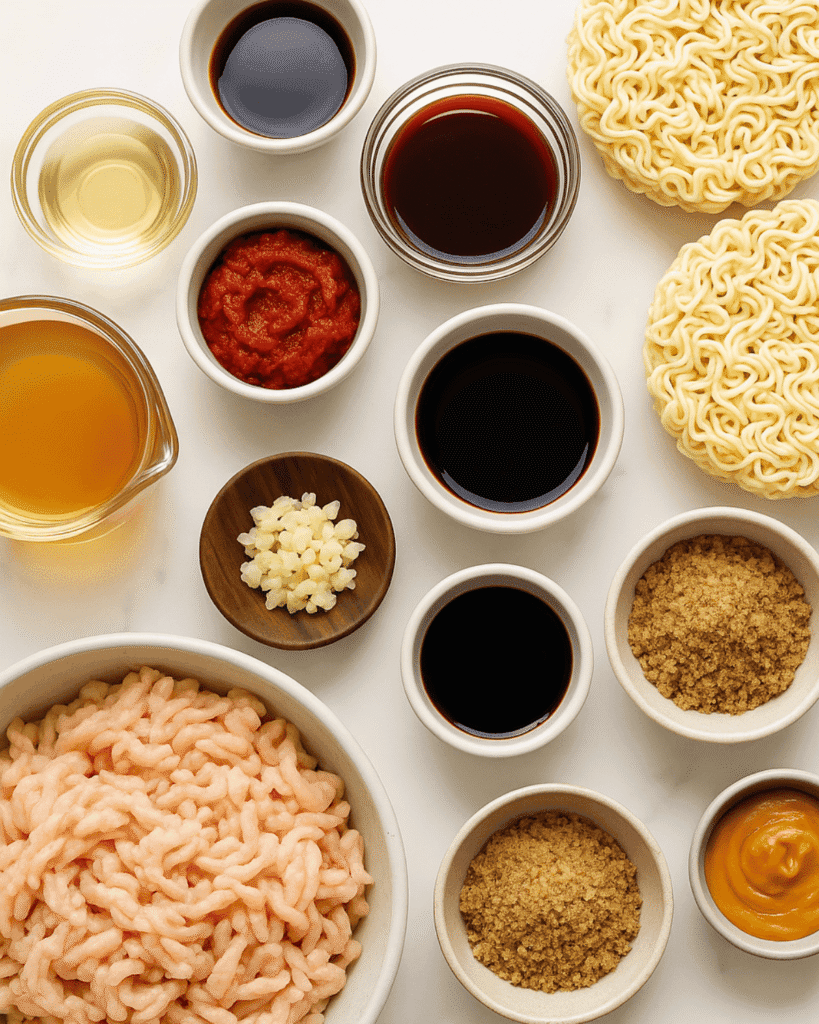 Flat lay of fresh ingredients for saucy gochujang noodles with chicken, including ramen noodles, ground chicken, gochujang paste, soy sauce, peanut butter, garlic, and brown sugar.