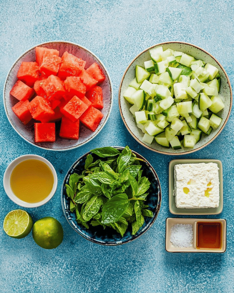 Flat lay of fresh watermelon cubes, chopped cucumber, feta cheese, basil, mint, lime, and dressing ingredients on a blue background