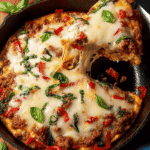 Close-up of Italian Sausage & Pepper Frittata Affogato slice being lifted from skillet with gooey mozzarella cheese stretch, basil, and red peppers