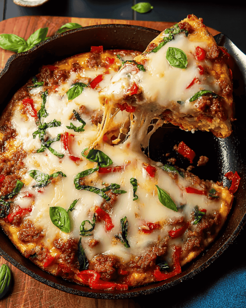 Close-up of Italian Sausage & Pepper Frittata Affogato slice being lifted from skillet with gooey mozzarella cheese stretch, basil, and red peppers