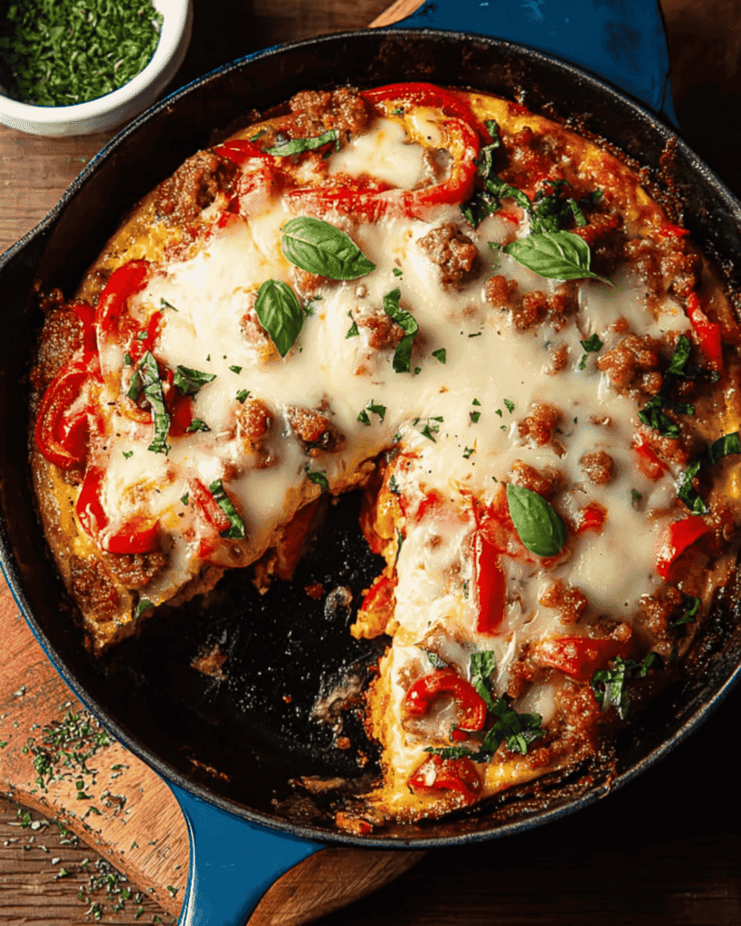 Overhead view of Italian Sausage & Pepper Frittata Affogato in a blue cast-iron skillet, topped with melted mozzarella, basil, and red peppers