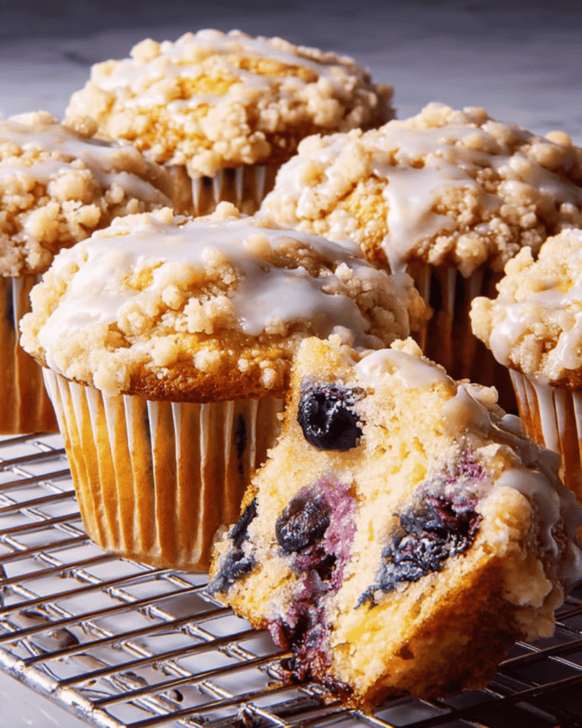 Lemon blueberry muffins with streusel topping and lemon glaze cooling on a wire rack, one partially unwrapped to show texture