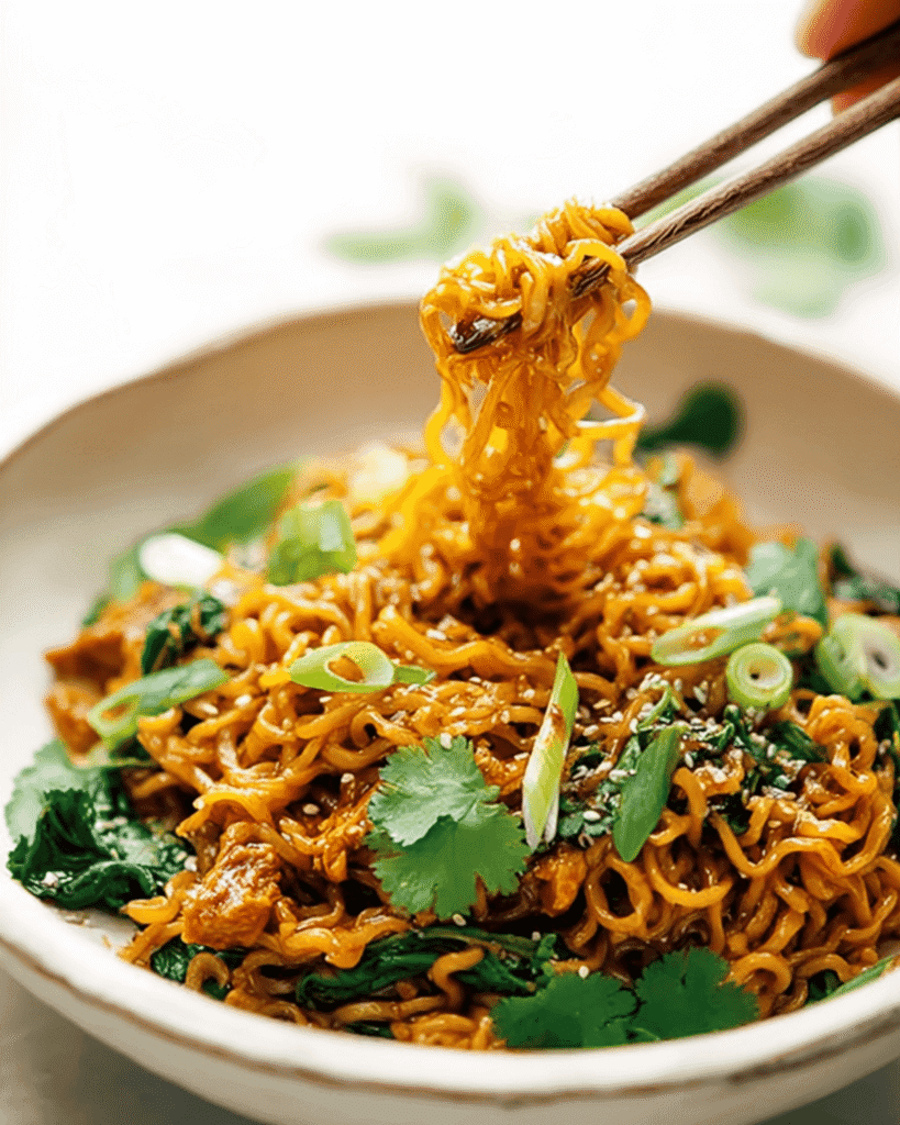 Chopsticks lifting saucy gochujang noodles with chicken, garnished with cilantro and green onions in a white bowl.