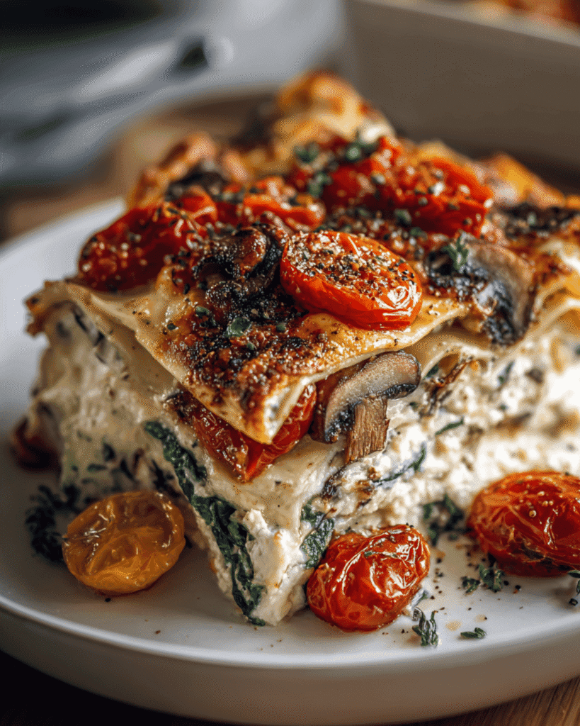 Loaded Veggie White Lasagna slice with spinach, mushrooms, ricotta, and roasted cherry tomatoes on a white plate.