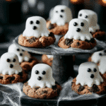 Close-up of ghost marshmallow cookies with black icing faces on a cake stand surrounded by cobwebs.