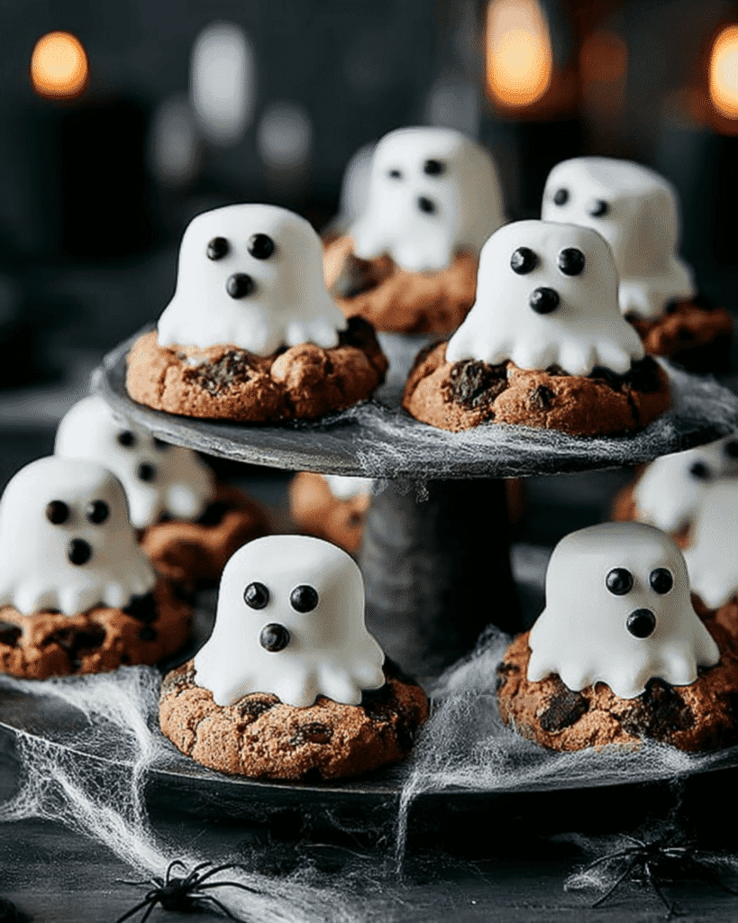 Close-up of ghost marshmallow cookies with black icing faces on a cake stand surrounded by cobwebs.
