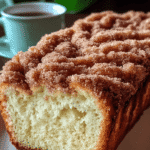 Close-up of a moist cinnamon donut bread loaf with cinnamon sugar topping, served alongside a cup of coffee.