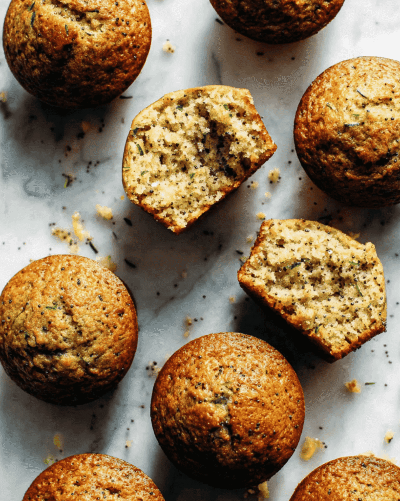 Freshly baked lemon poppyseed zucchini muffins on marble surface, with one muffin cut in half to reveal moist crumb and poppy seeds.