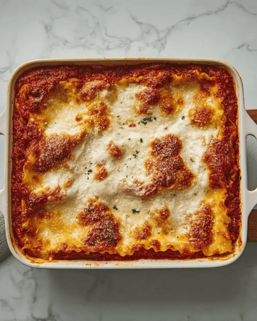 Oven-baked World’s Best Lasagna in a white casserole dish