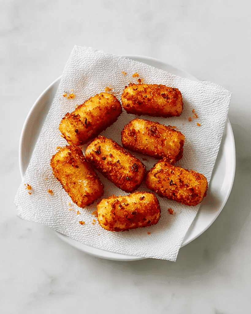 Golden fried potato croquettes resting on paper towel to drain excess oil