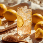 Refreshing glass of pink salt detox water with ice and lemon slices in warm golden sunlight.