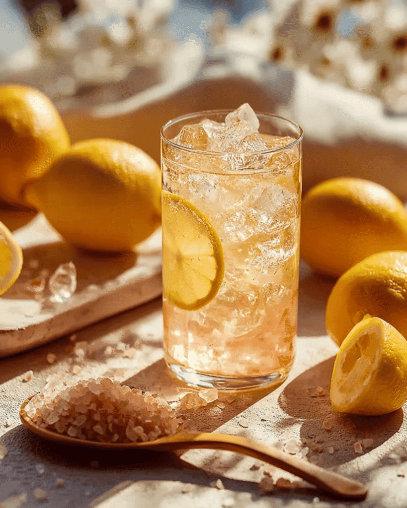Refreshing glass of pink salt detox water with ice and lemon slices in warm golden sunlight.