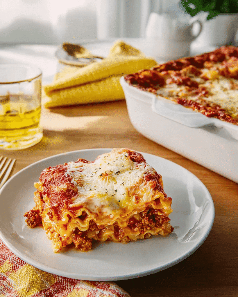 World’s Best Lasagna slice served on a plate with baked casserole in the background