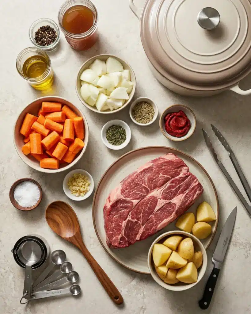 Fresh pot roast ingredients including beef, carrots, onions, potatoes, and herbs arranged on a kitchen counter.