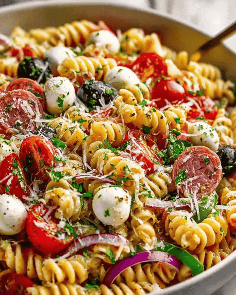 Close-up of quick Italian pasta salad with rotini, mozzarella pearls, cherry tomatoes, black olives, salami, and fresh herbs.