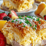Beef and Cheese Croissant Breakfast Casserole served with fresh strawberries and fruit, layered with eggs and melted cheese.