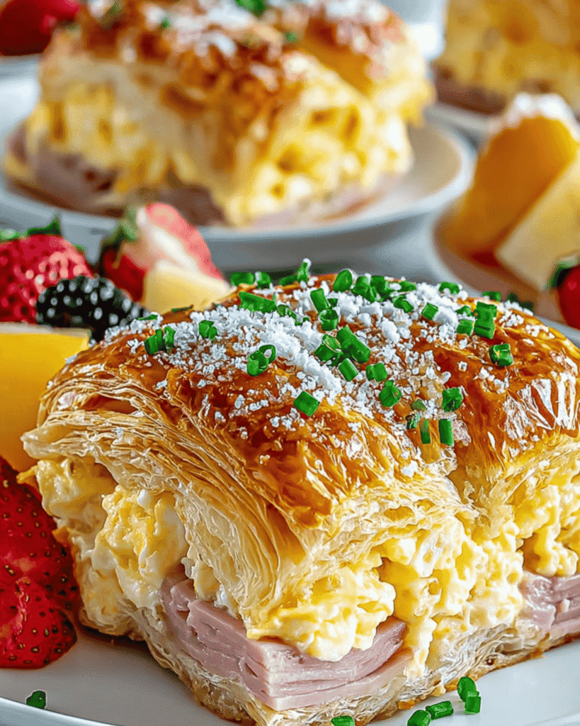 Beef and Cheese Croissant Breakfast Casserole served with fresh strawberries and fruit, layered with eggs and melted cheese.