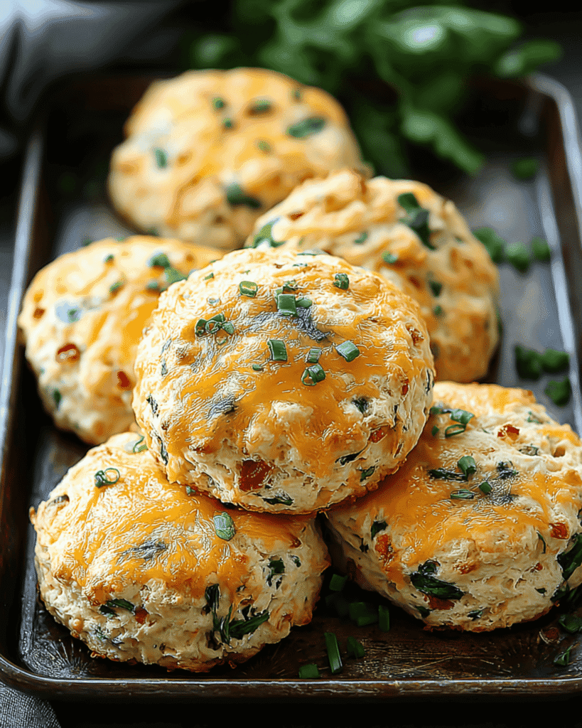 Savory high-protein breakfast biscuits topped with melted cheddar and green herbs on a dark tray.