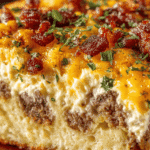 Close-up slice of crack breakfast casserole with layers of sausage, beef, creamy eggs, and melted cheddar cheese topped with herbs.