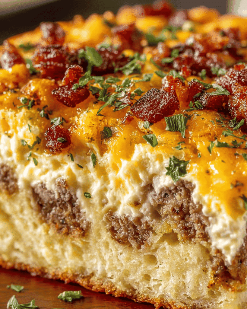 Close-up slice of crack breakfast casserole with layers of sausage, beef, creamy eggs, and melted cheddar cheese topped with herbs.