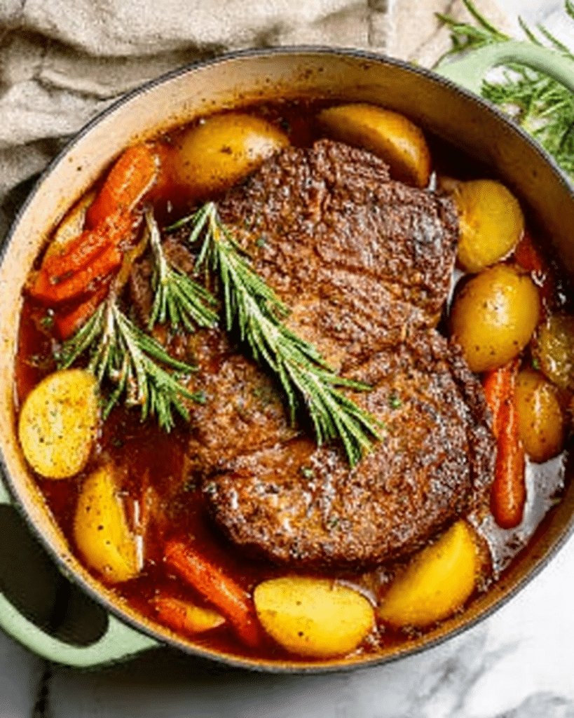 Pot roast simmering in a Dutch oven with herbs, carrots, and potatoes.