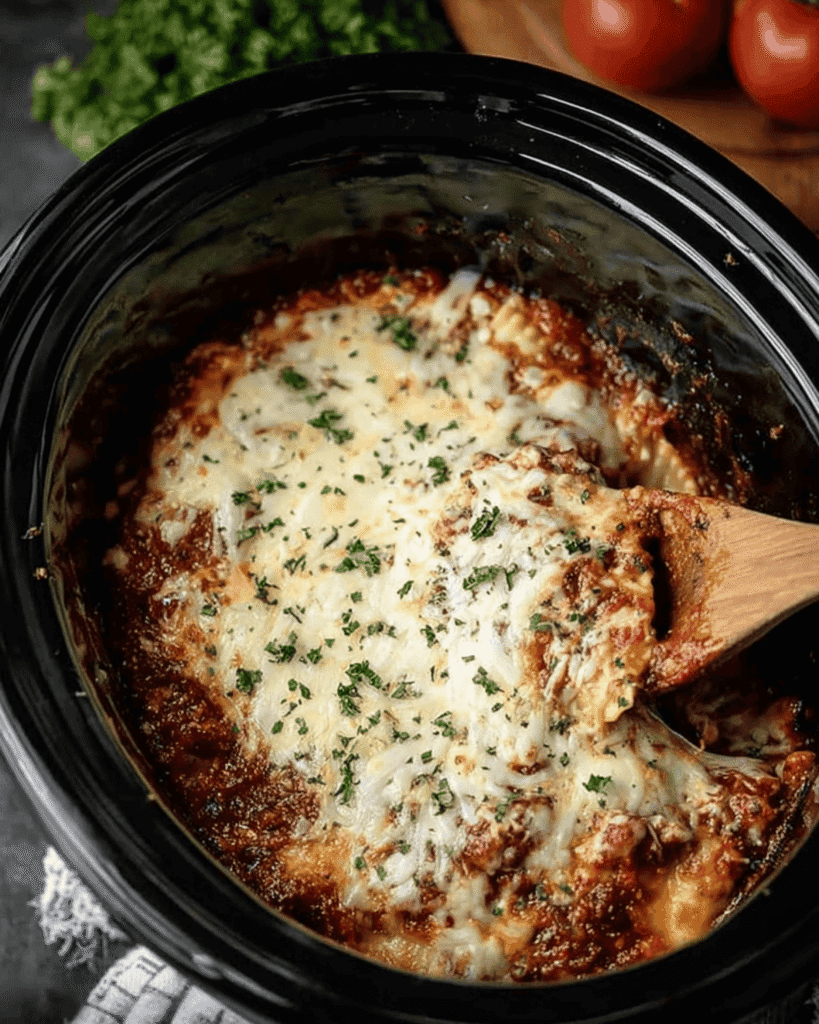 Slow cooker filled with Crockpot Ravioli Lasagna topped with melted cheese and fresh herbs