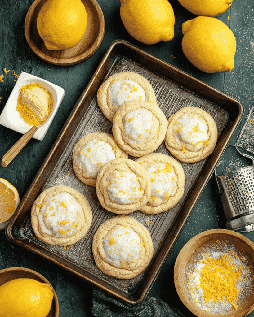 Freshly baked soft chewy lemon cookies topped with sugar and lemon zest on a rustic baking sheet surrounded by fresh lemons and zest.