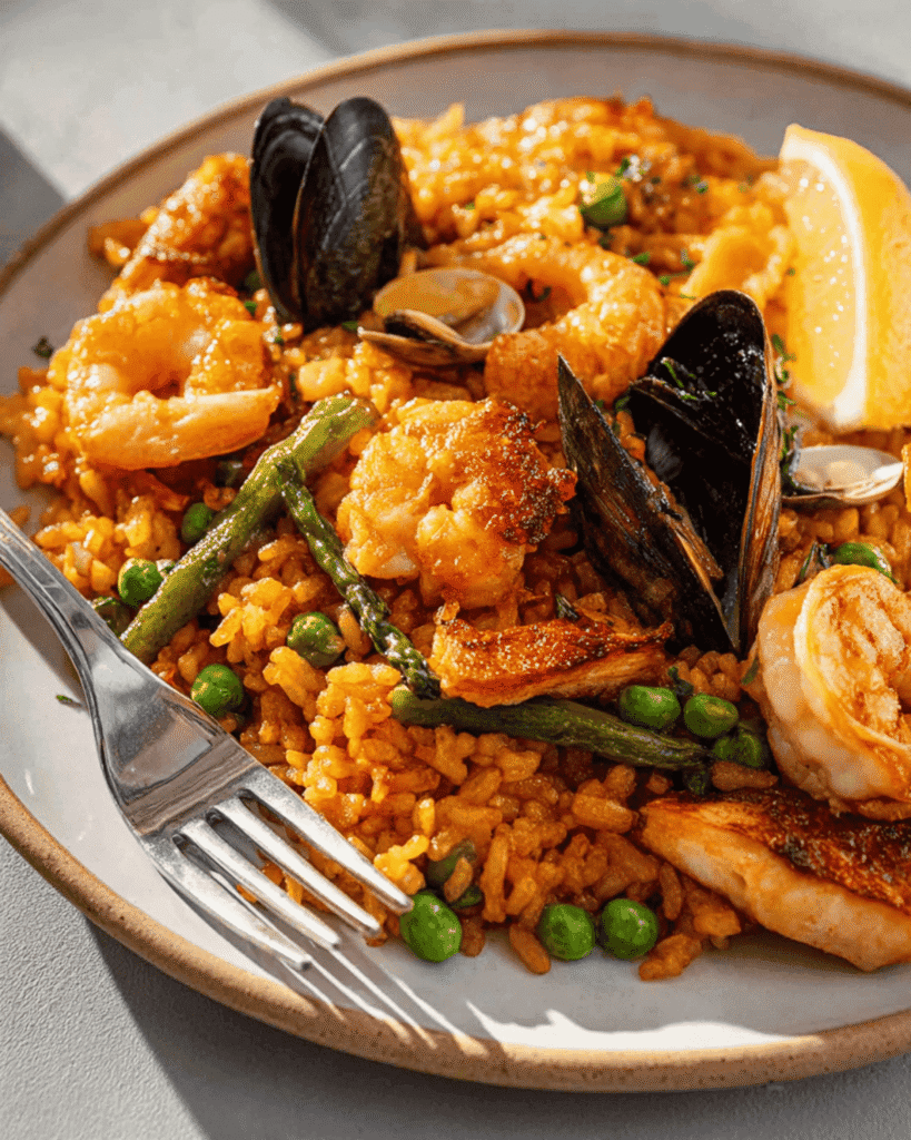 Close-up of Spanish paella with shrimp, mussels, green beans, peas, and saffron rice on a plate with lemon wedge and fork