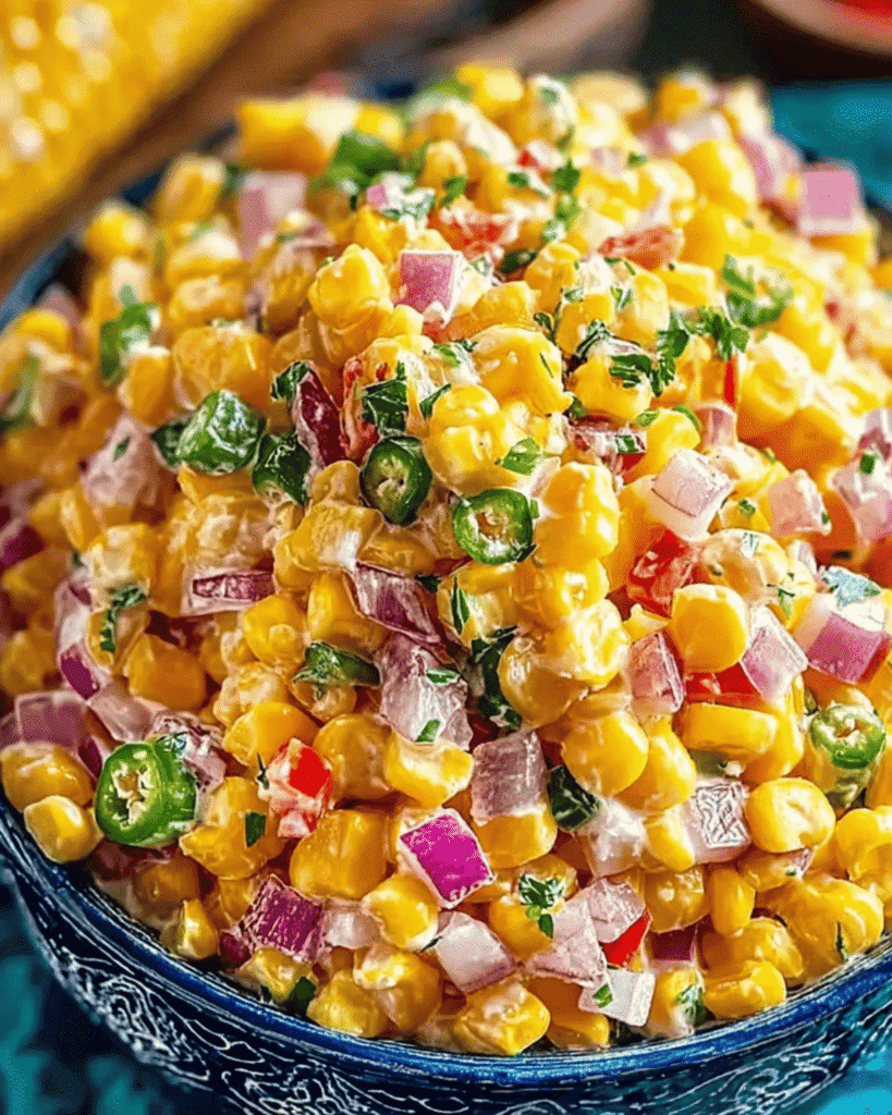 Spicy corn salad with red onion, jalapeno, and fresh parsley in a patterned blue bowl