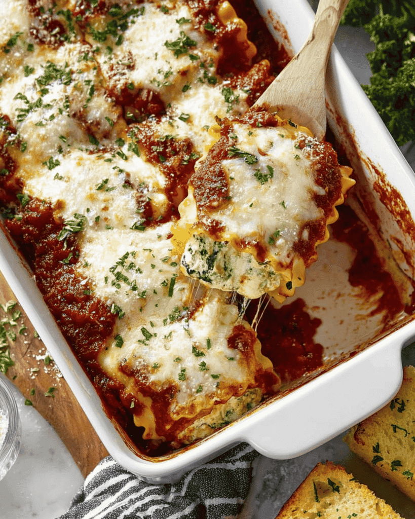Baking dish of spinach ricotta lasagna roll ups with marinara and mozzarella
