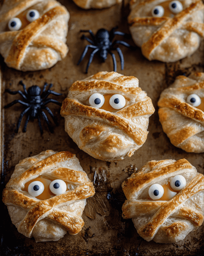 Halloween baked cheese mummies made with puff pastry and Babybel cheese, decorated with candy eyes and plastic spiders.