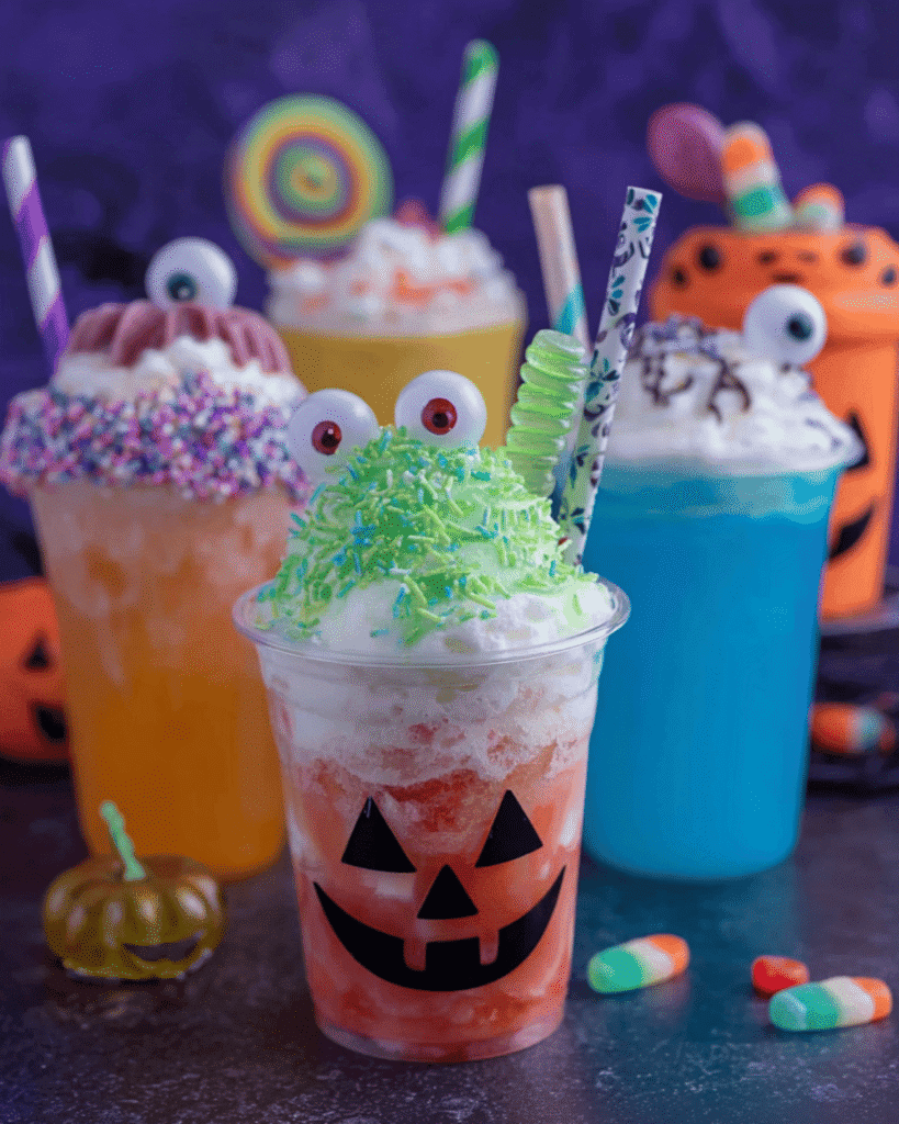 Colorful kid-friendly Halloween drinks with jack-o-lantern cups, gummy eyes, whipped cream, sprinkles, and spooky straws.